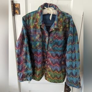 Vintage Plus Rainbow Tie-dye Embroidered Geometric Western Chambray Denim Coat